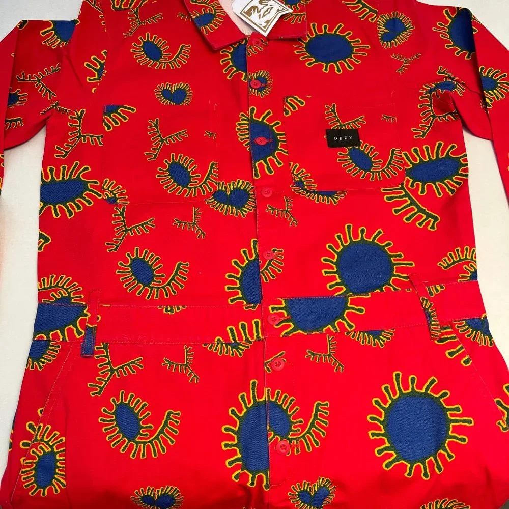 Obey Twill Coverall Jumpsuit "Paisley" Red/Blue - Picture 5 of 11